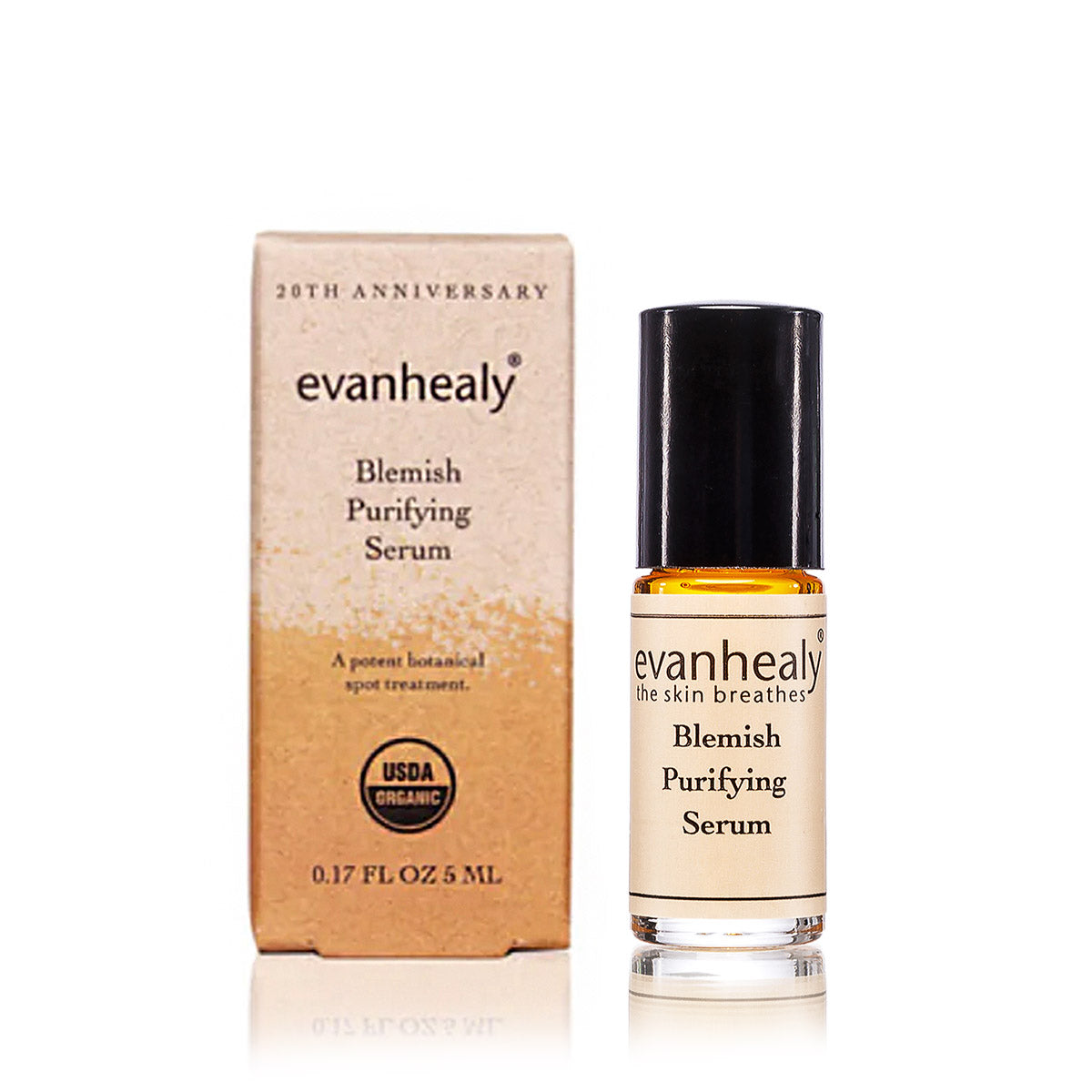 Front view of Blemish Purifying Serum roll on bottle and box showcasing the product packaging on a white background