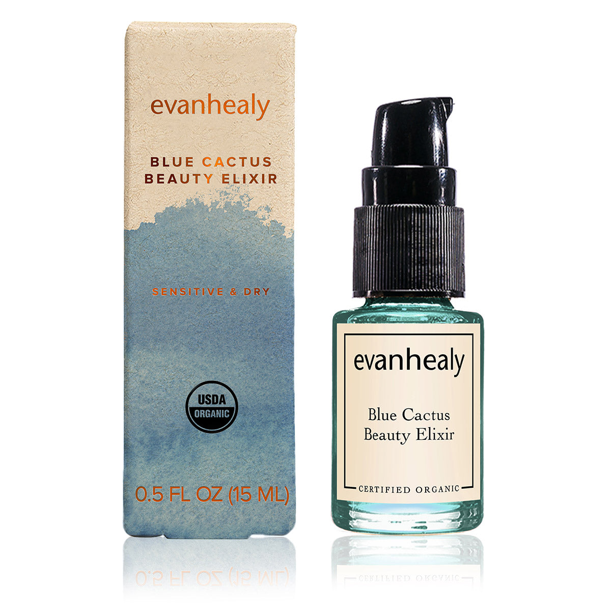 Front view of evanhealy Blue Cactus Beauty Elixir oil serum bottle and box with a black pump on a white background