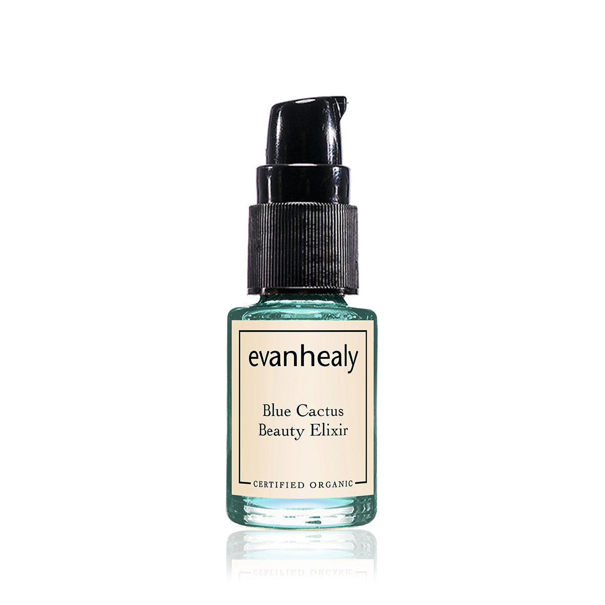Front view of evanhealy Blue Cactus Beauty Elixir oil serum bottle with black pump on white background