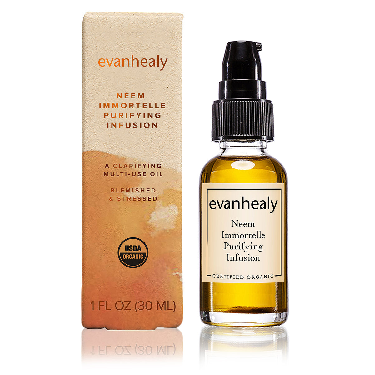 Front view of Neem Immortelle Purifying Infusion facial oil cleanser bottle and box showcasing amber glass bottle with pump dropper and labeled box on white background