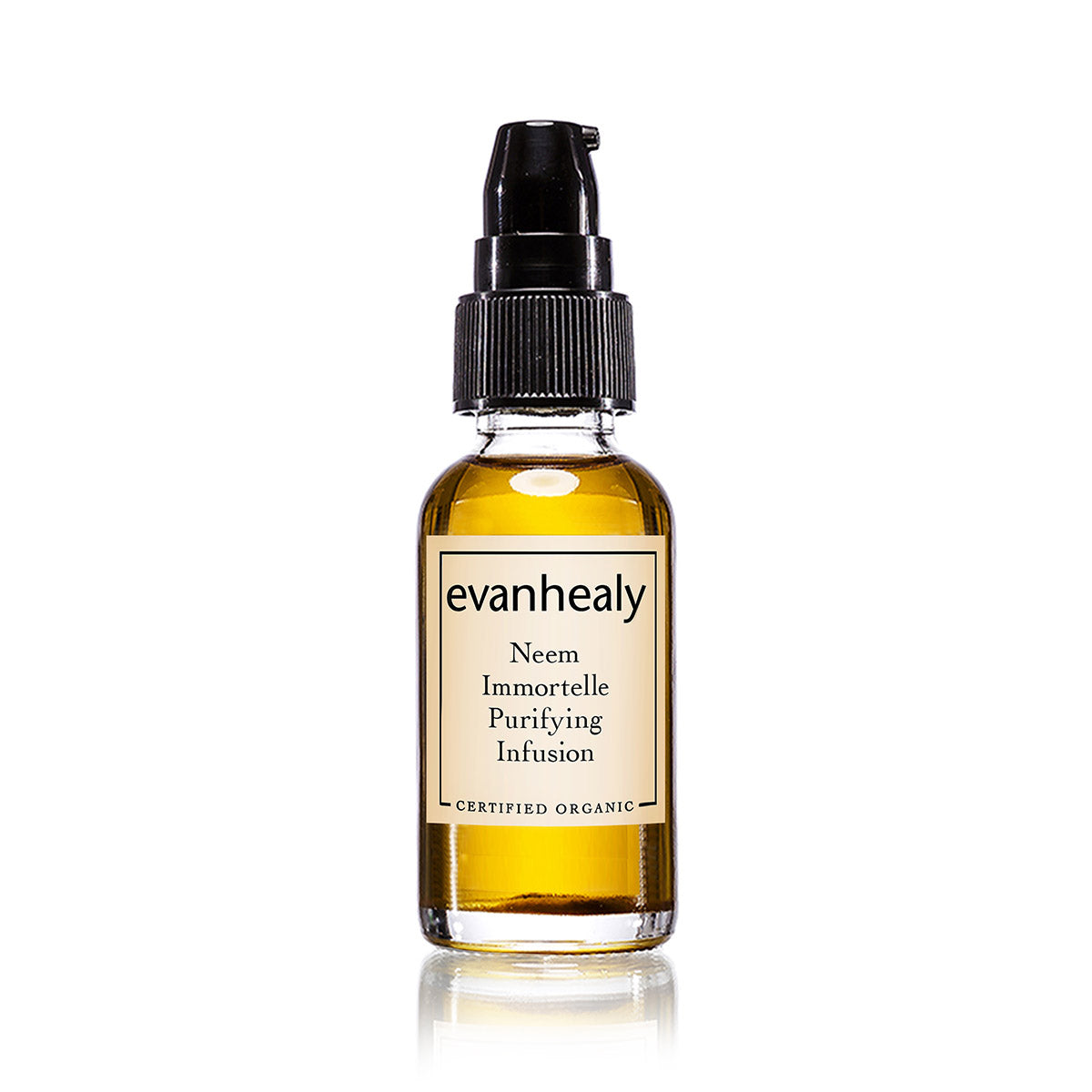 Front view of Neem Immortelle Purifying Infusion facial oil cleanser bottle showcasing amber glass and black pump with product label on white background