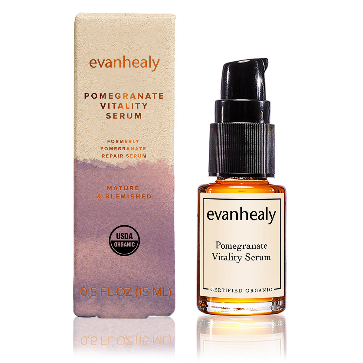 Front view of Pomegranate Vitality Oil Serum Sea Buckthorn bottle and box showcasing product packaging on a white background