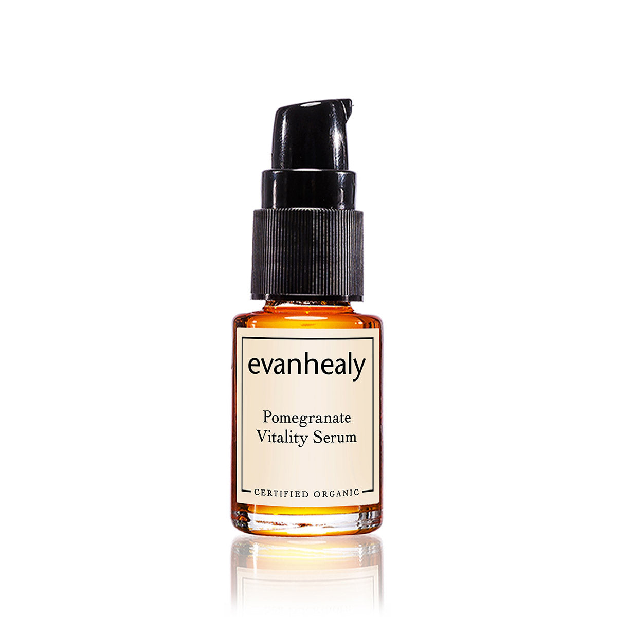 Front view of Pomegranate Vitality Serum bottle showcasing its pump dispenser on a white background