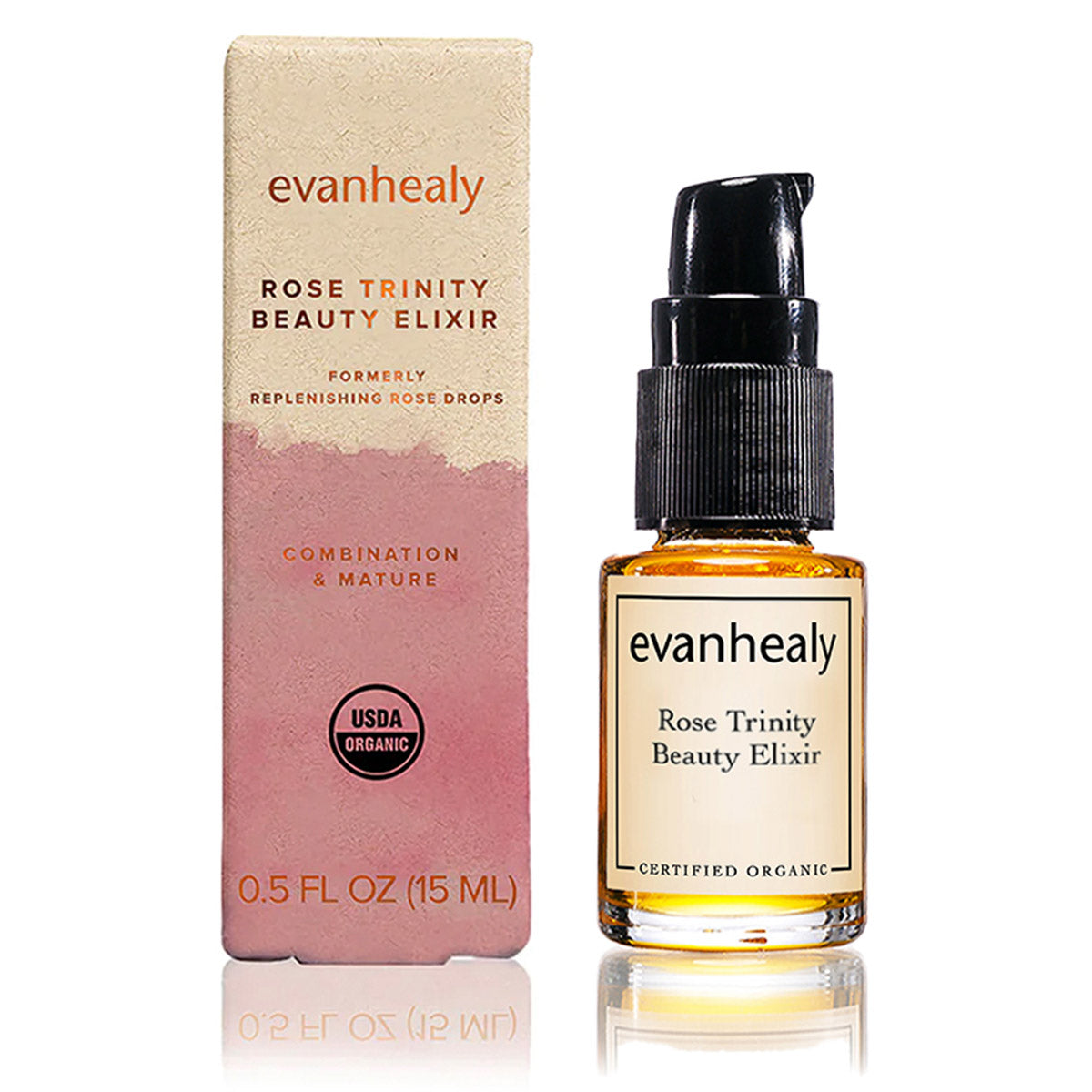 Front view of Rose Trinity Beauty Elixir facial oil serum showcasing its pump bottle and matching box on a white background