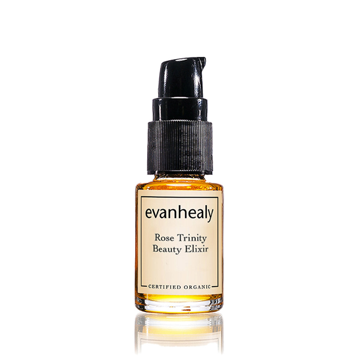 Front view of Rose Trinity Beauty Elixir facial oil serum bottle showcasing a black pump on a white background