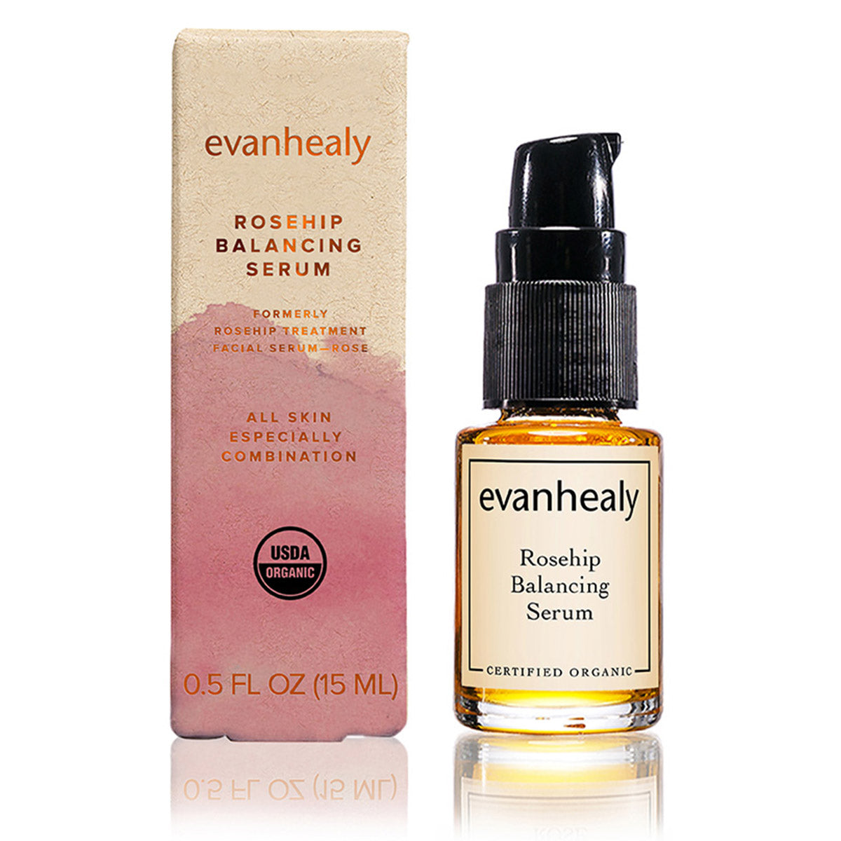 Front view of evanhealy Rosehip Balancing Serum bottle and box showcasing pump packaging on a white background
