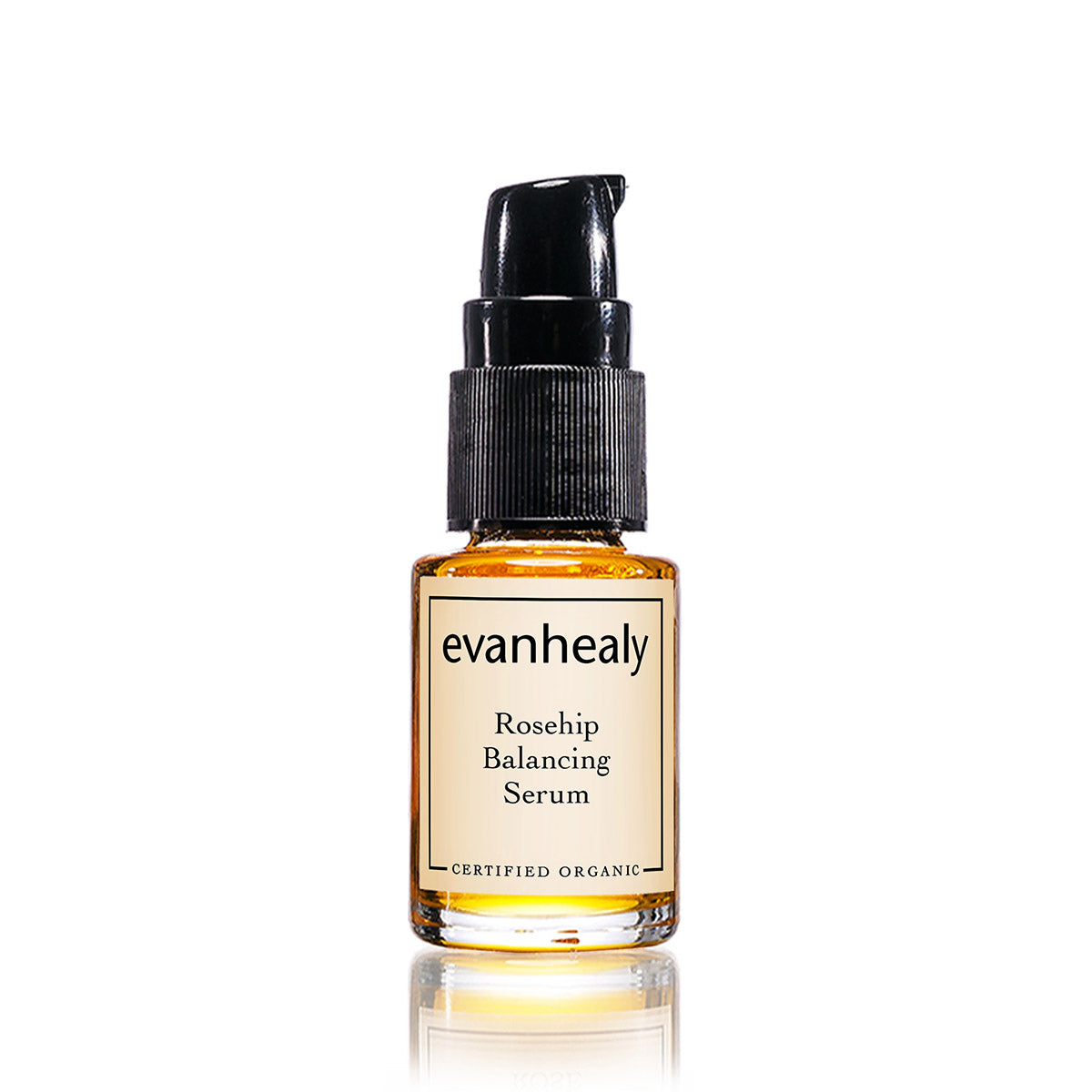 Front view of Rosehip Balancing Facial Serum showcasing its amber pump bottle with a white background