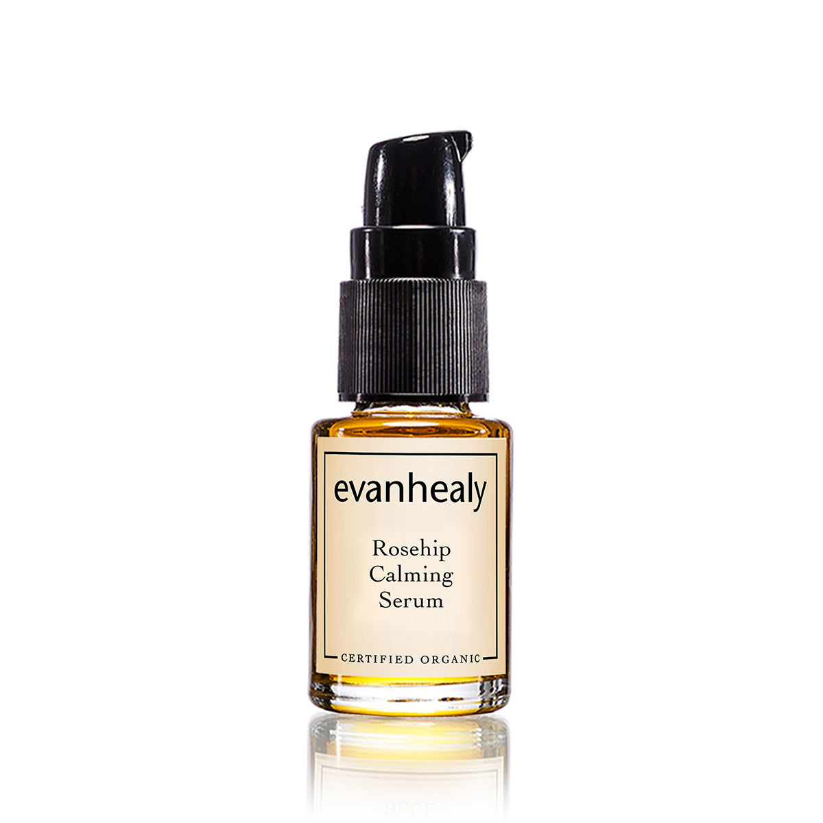 Front view of Rosehip Blue Calming Facial Oil Serum bottle with black pump on a white background