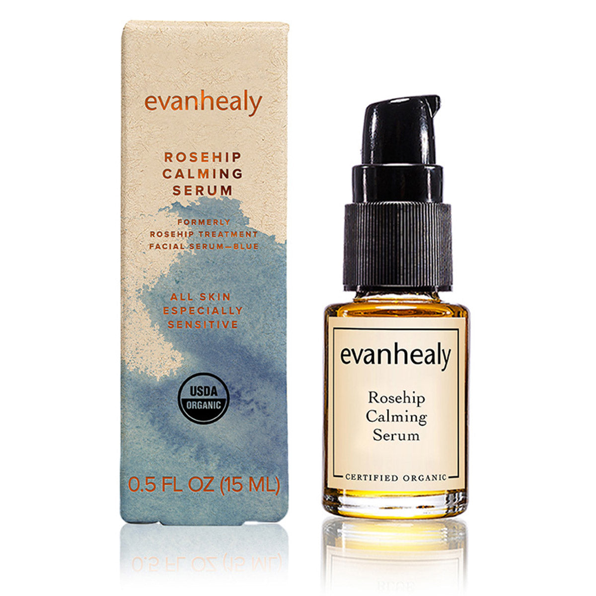 Front view of Rosehip Calming Facial Oil Serum bottle and box showcasing the pump dispenser and botanical packaging on a white background