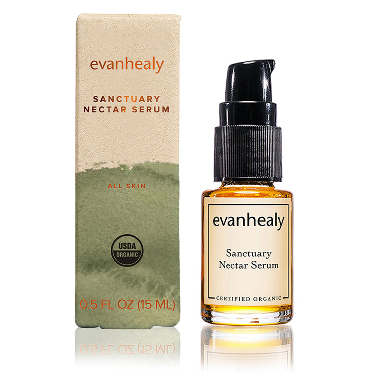Front view of Sanctuary Nectar Serum bottle and box showcasing an amber glass pump bottle on a white background