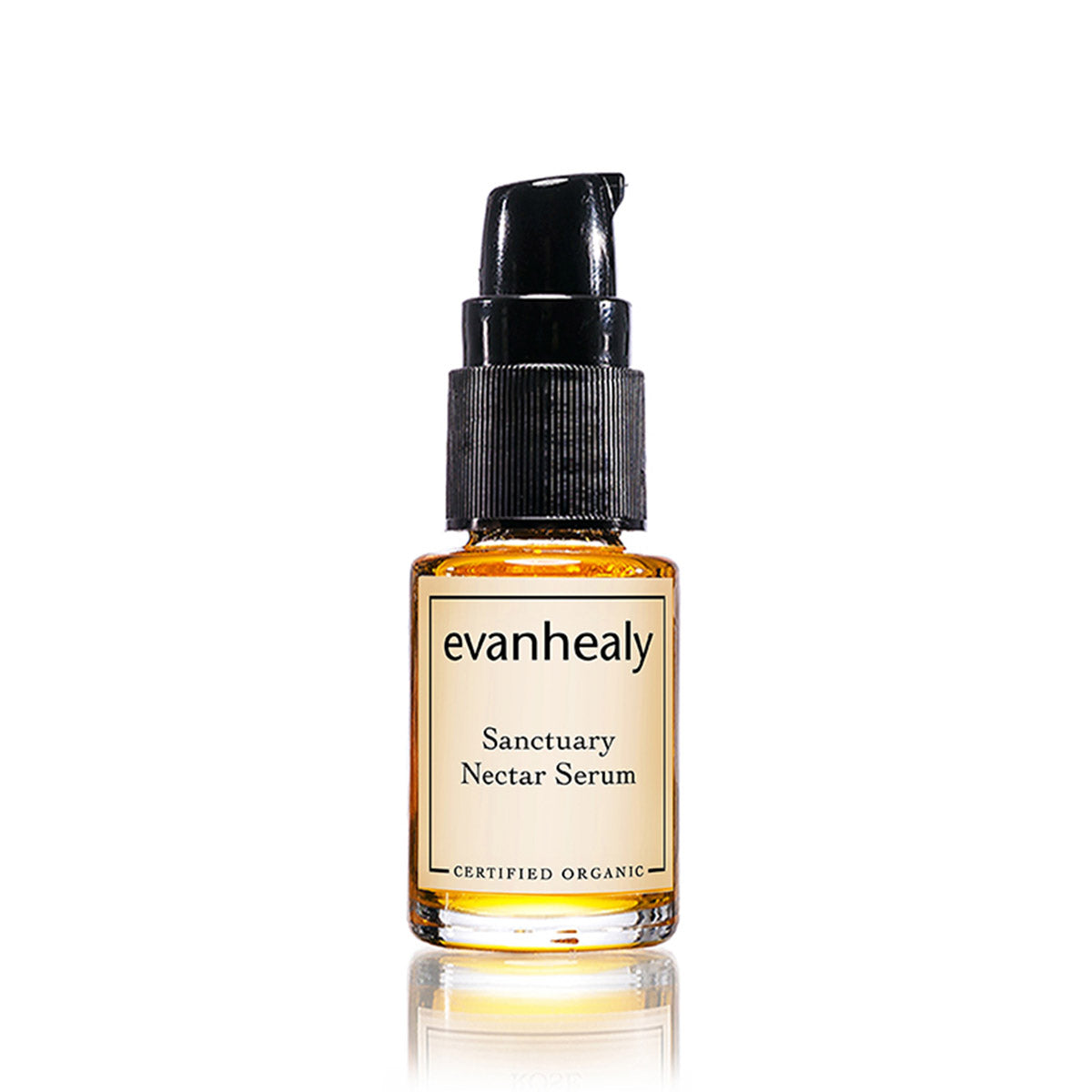Front view of Sanctuary Nectar Serum showcasing amber glass bottle with pump against a white background