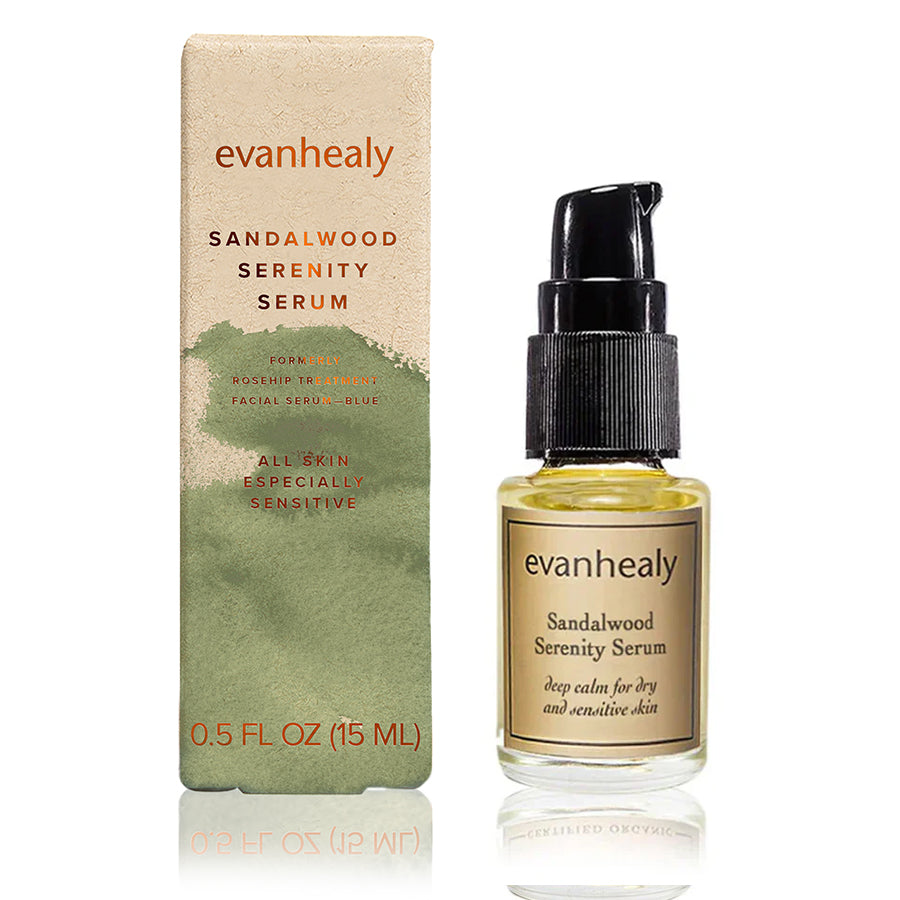 Front view of Sandalwood Serenity Serum showcasing the serum bottle and boxed packaging with a white background