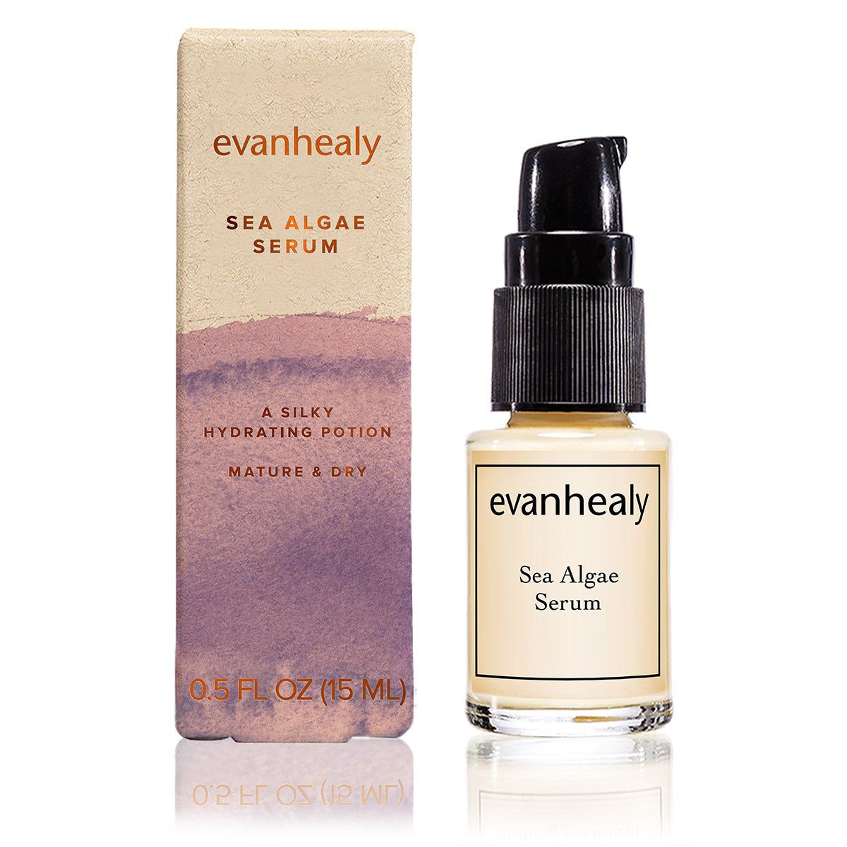 Front view of Sea Algae Serum bottle and box showcasing black pump and beige packaging on white background