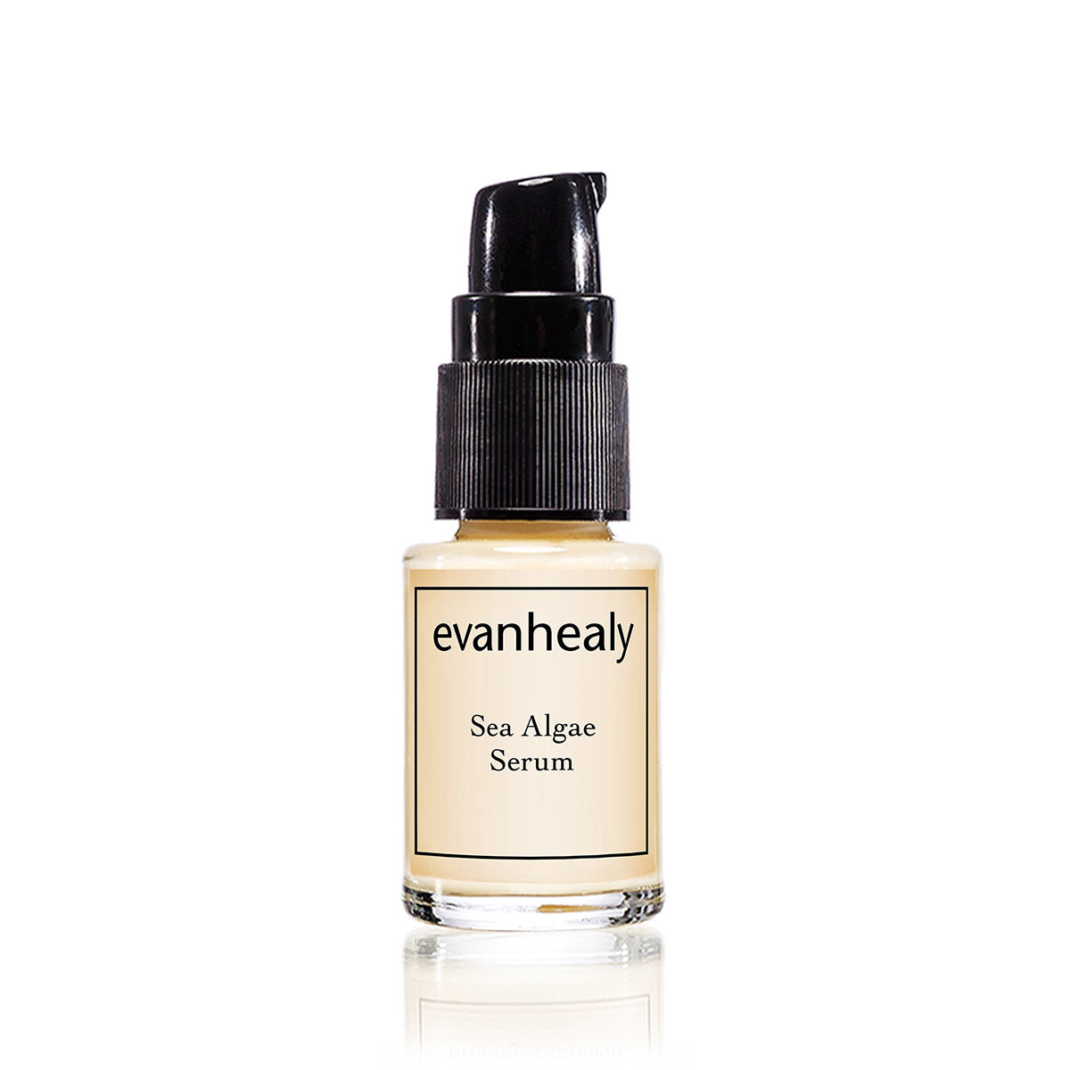 Front view of Sea Algae Serum bottle showcasing black pump and beige label on white background