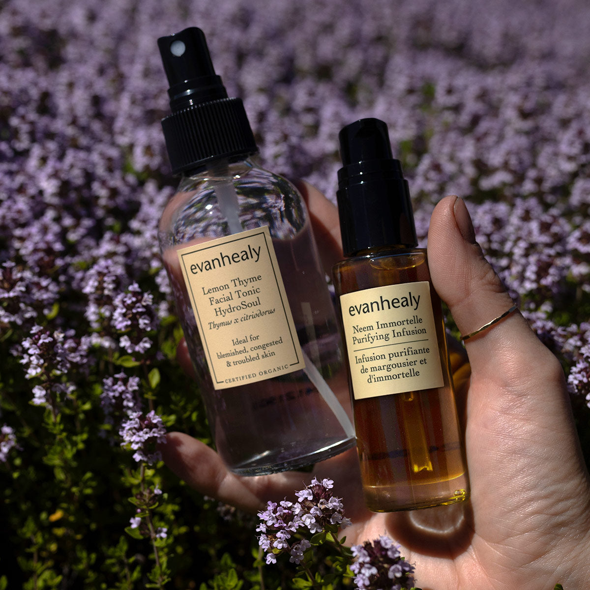 Front view of Purifying Duo with Lemon Thyme HydroSoul spray and Neem Immortelle Purifying Infusion oil over purple flowers
