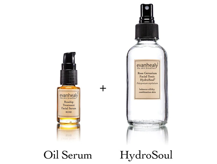 Front view of Oil Serum pump bottle and HydroSoul spray bottle showing paired facial oil and hydrating mist on white background
