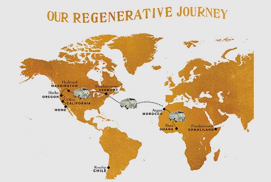 Map showing Our Regenerative Journey with sourcing sites in the U.S. (WA, OR, CA, VT), Chile, Morocco, Ghana, and Somaliland