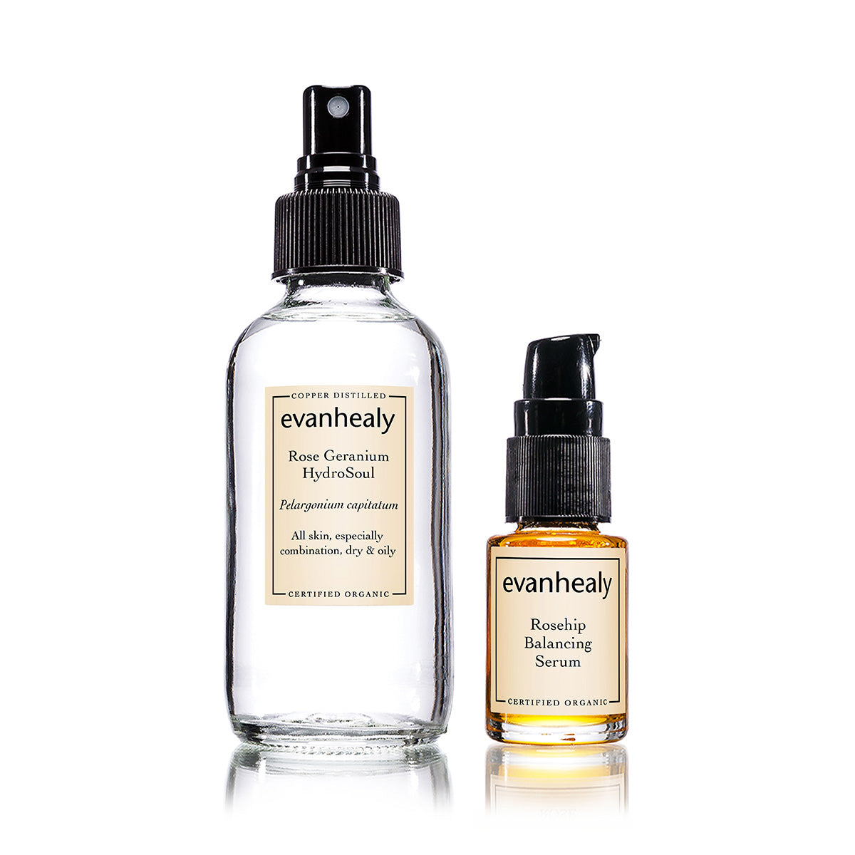 Front view of Balancing Duo showcasing Rose Geranium HydroSoul and Rosehip Balancing Serum on a white background