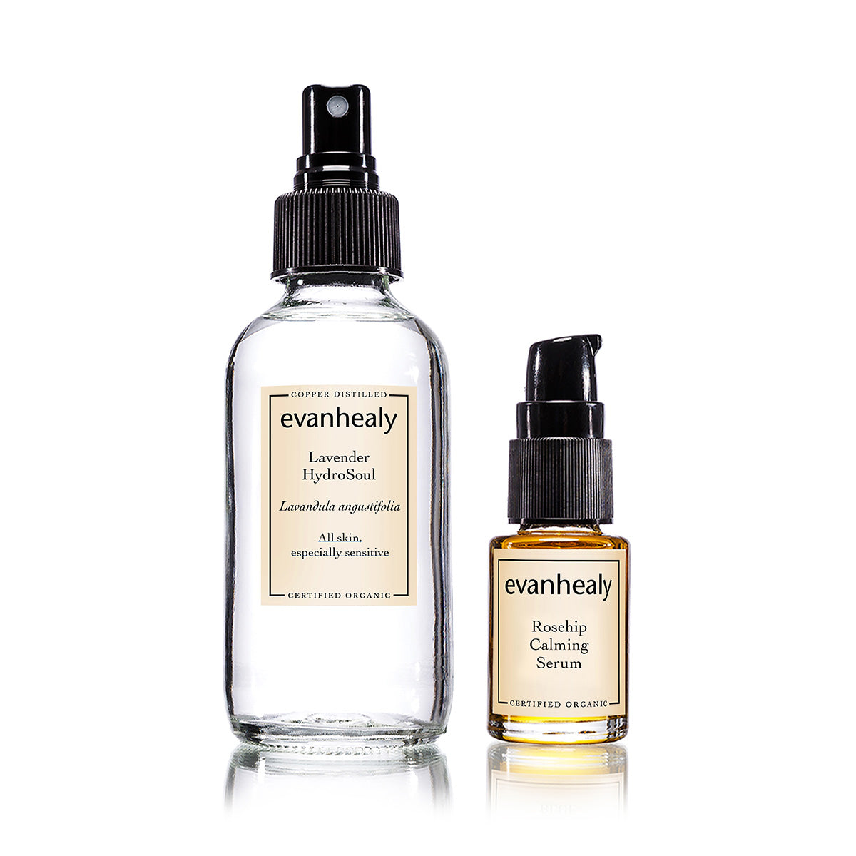 Front view of the evanhealy Calming Duo showcasing Lavender HydroSoul and Rosehip Calming Serum bottles on a white background