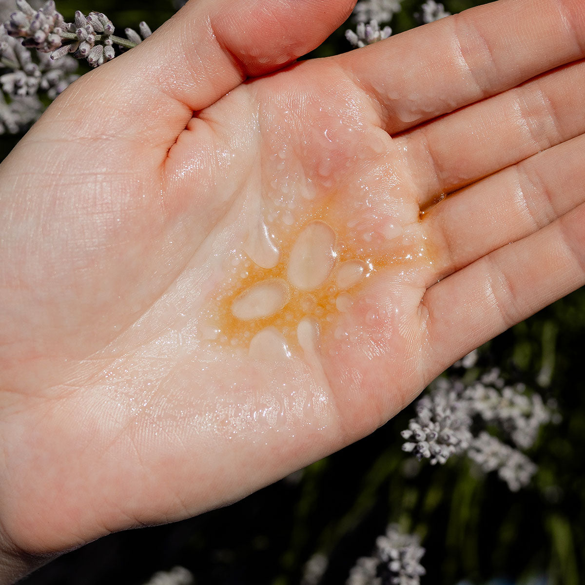 Hand displaying golden facial oil droplets against a lavender flower background