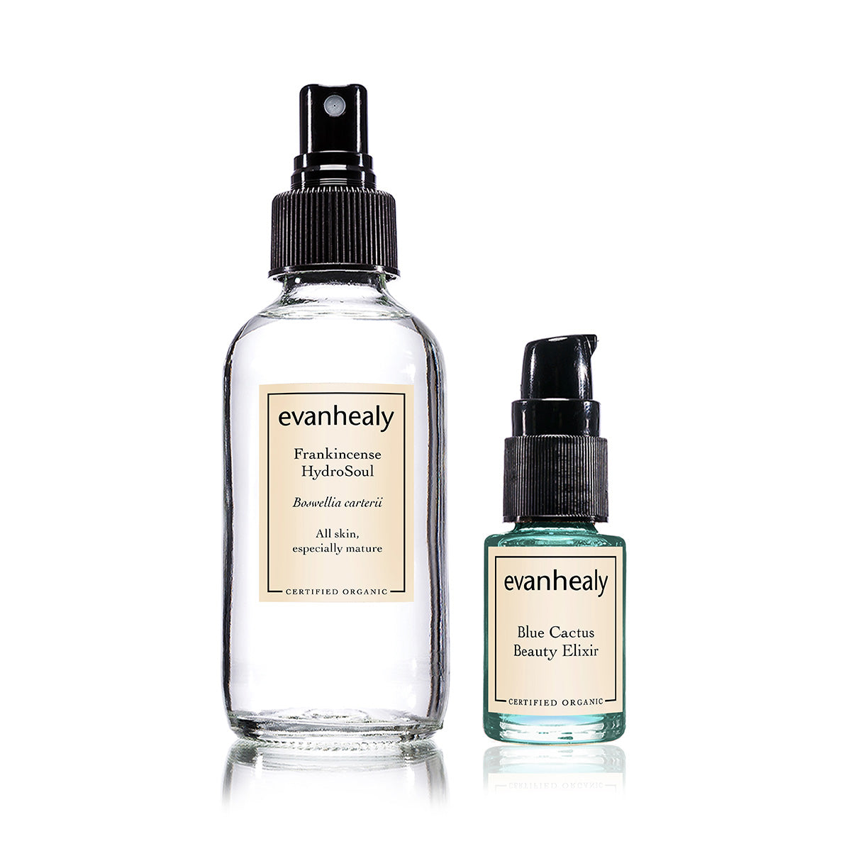Front view of Mature Duo showcasing Frankincense HydroSoul and Blue Cactus Beauty Elixir against a white background
