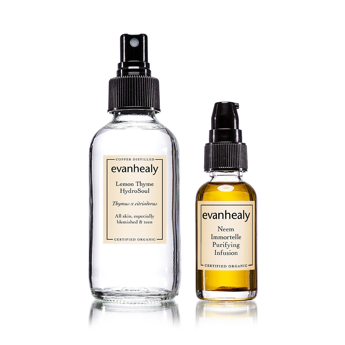 Front view of Purifying Duo with Lemon Thyme HydroSoul spray and Neem Immortelle Purifying Infusion oil on white background