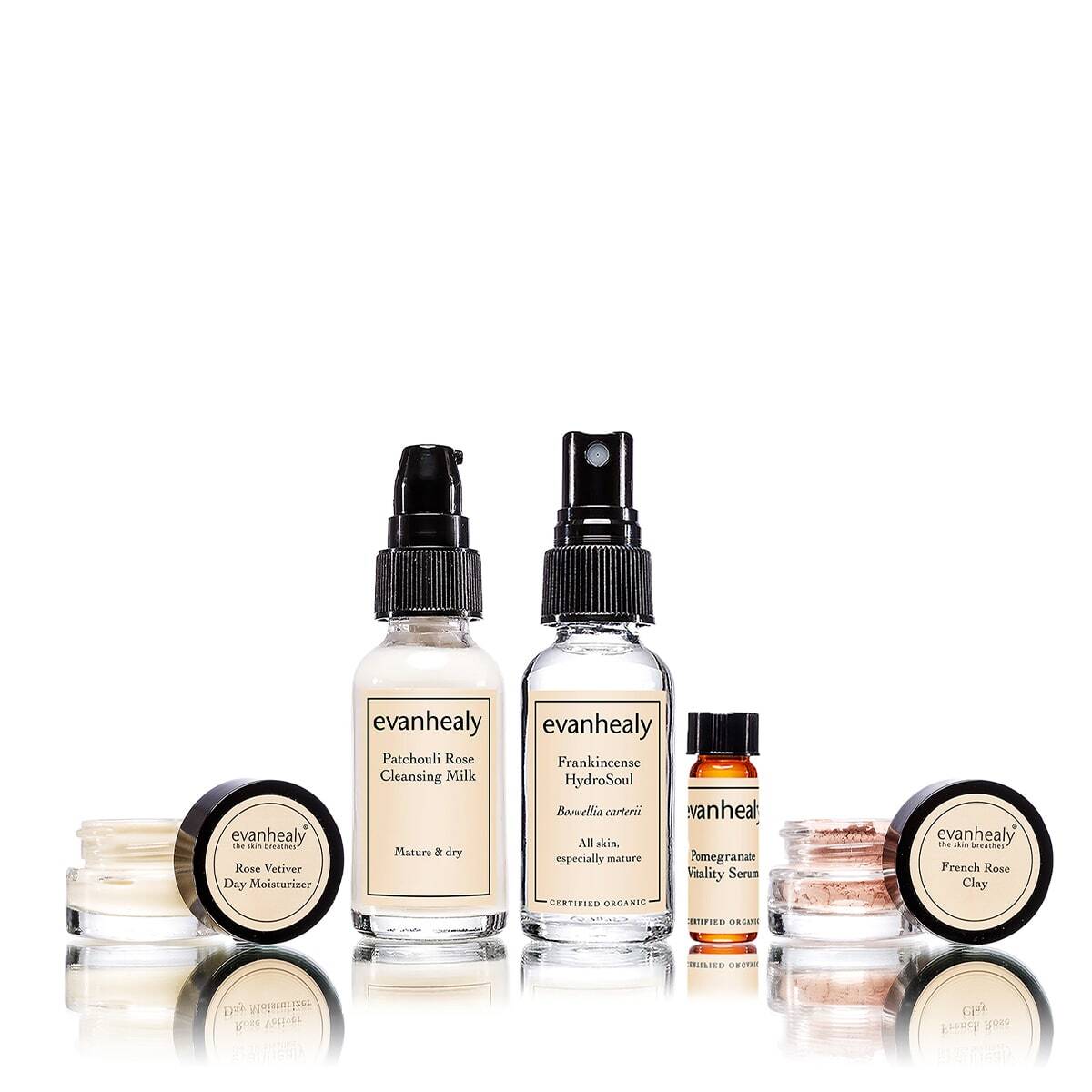 Front view of Revitalizing Starter Kit for mature dry skin showing two pump bottles, three jars and a lip tube on white background