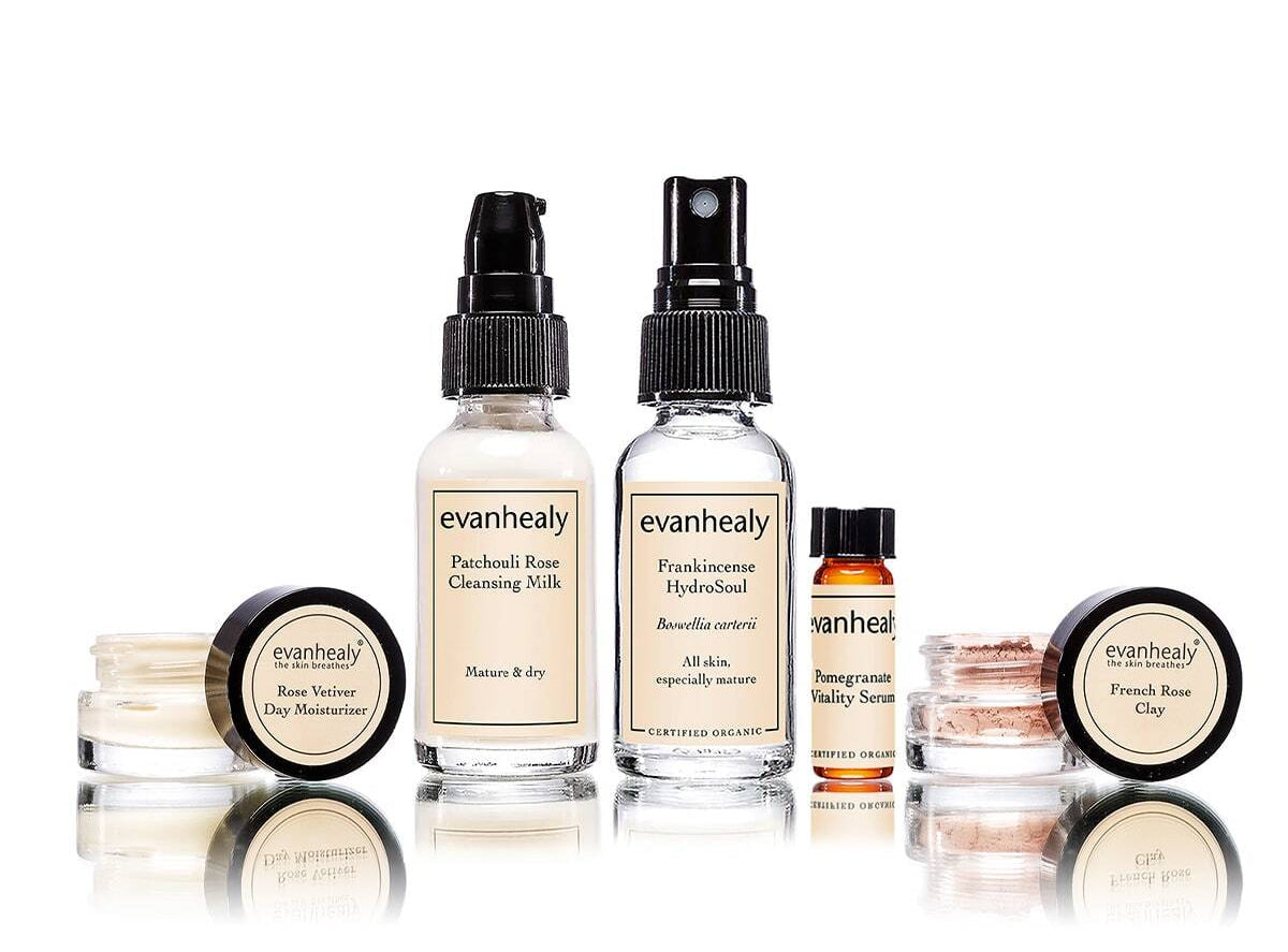 Front view of Revitalizing Starter showing cleanser, HydroSoul, oil serum, moisturizer, and clay on white background