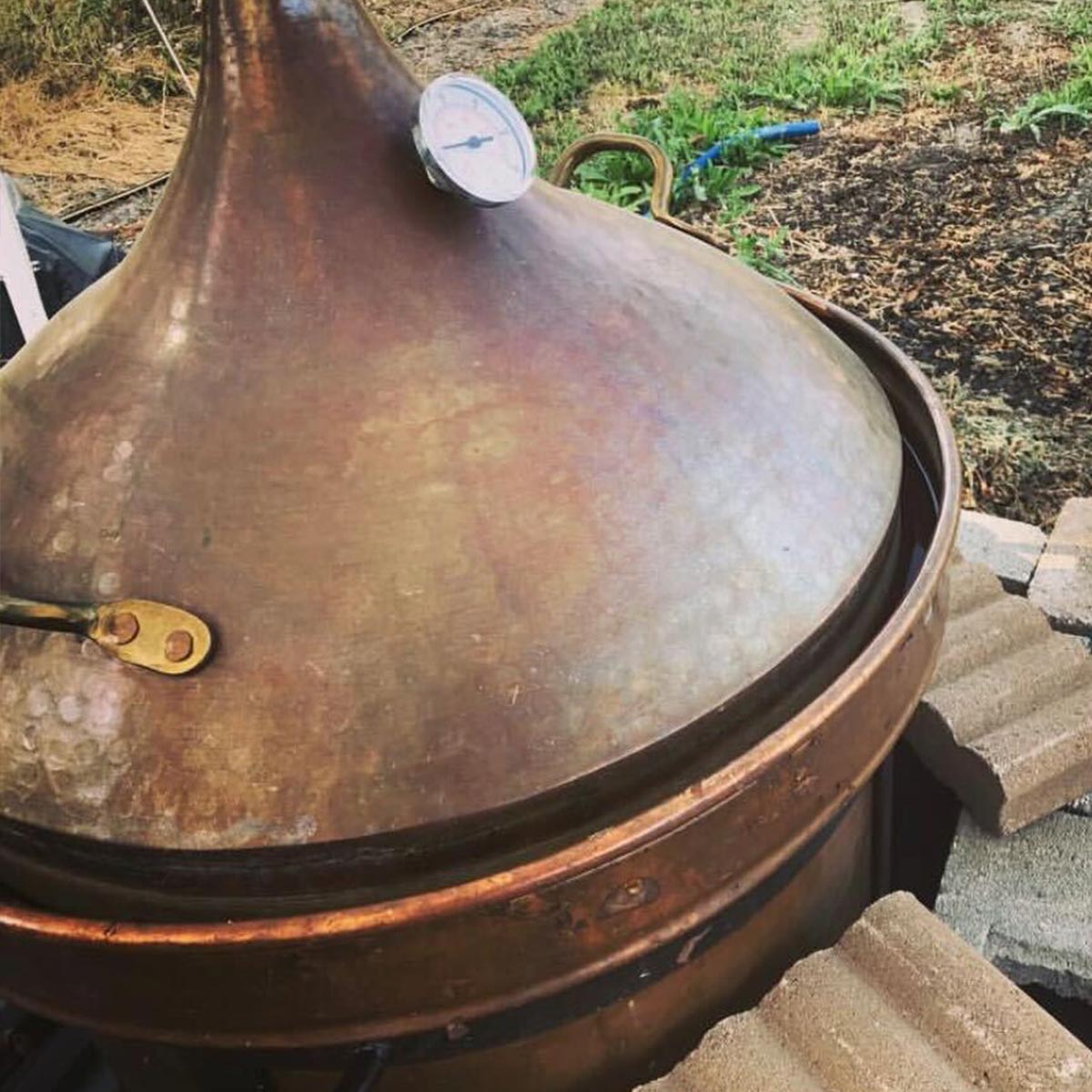 Copper still used to distill rose petals for Sonoma Rose Petal HydroSoul outdoors
