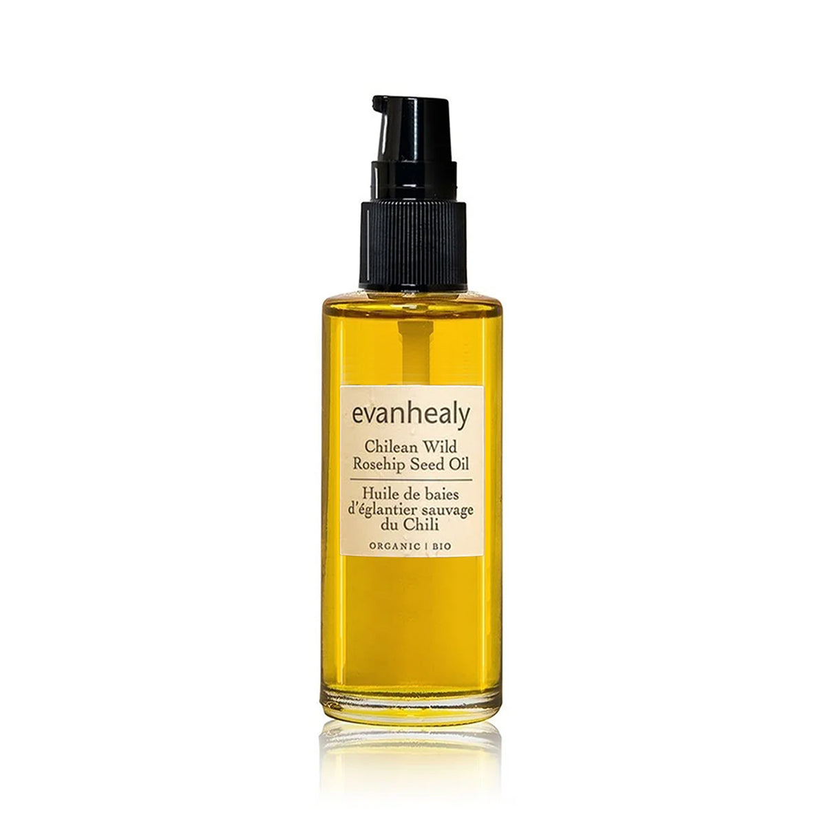 Front view of Chilean Wild Rosehip Seed Oil bottle showcasing golden oil and pump dispenser on a white background
