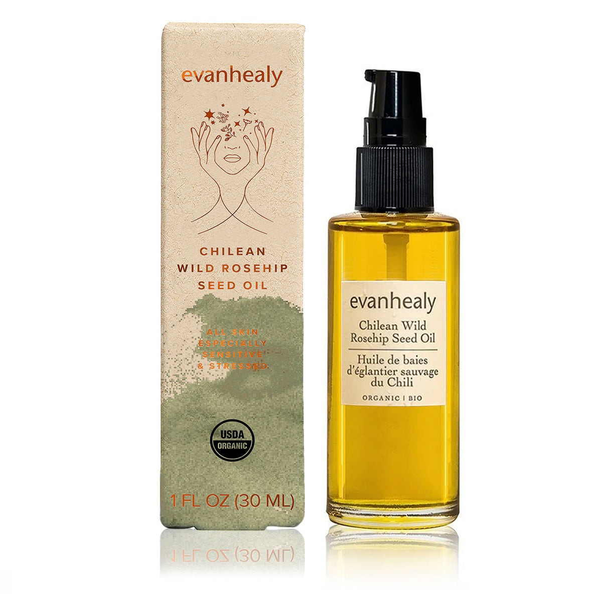 Front view of Chilean Wild Rosehip Seed Oil bottle and box showcasing amber facial oil on a white background