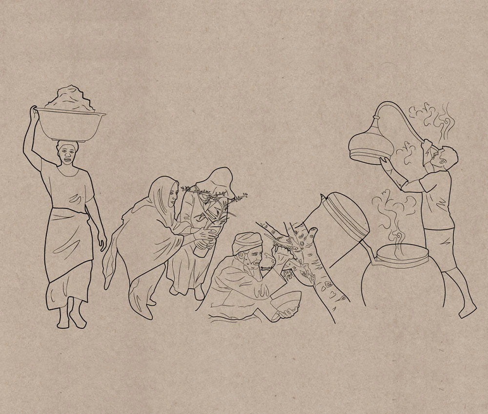 People harvesting and distilling botanicals in a traditional village, simple line illustration on kraft-paper background