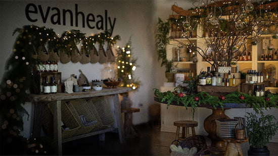 The Garden retail space decorated for the holidays with Evanhealy skincare products
