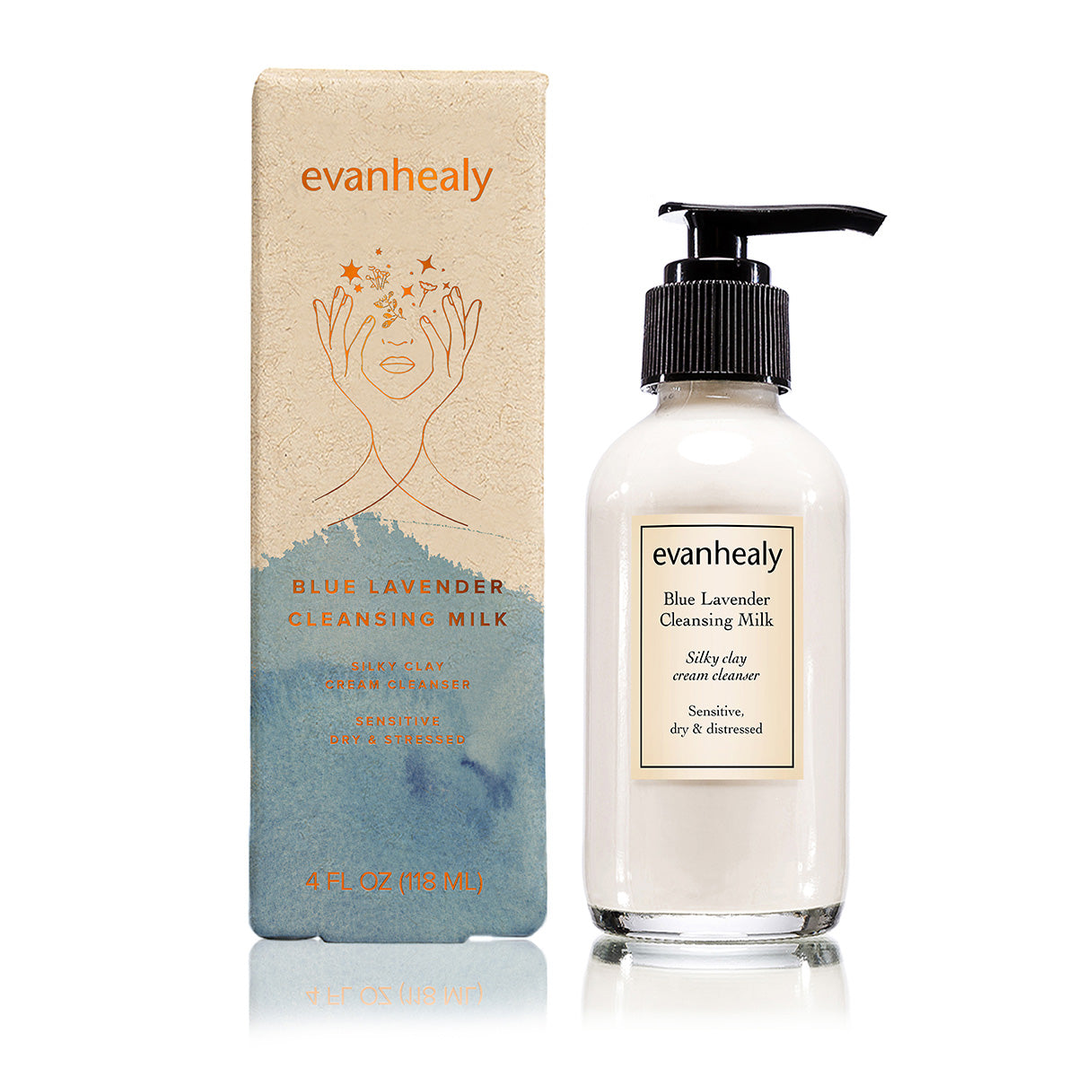 Front view of Blue Lavender Cleansing Milk bottle and box showcasing black pump and 4 fl oz 118 mL size on white background