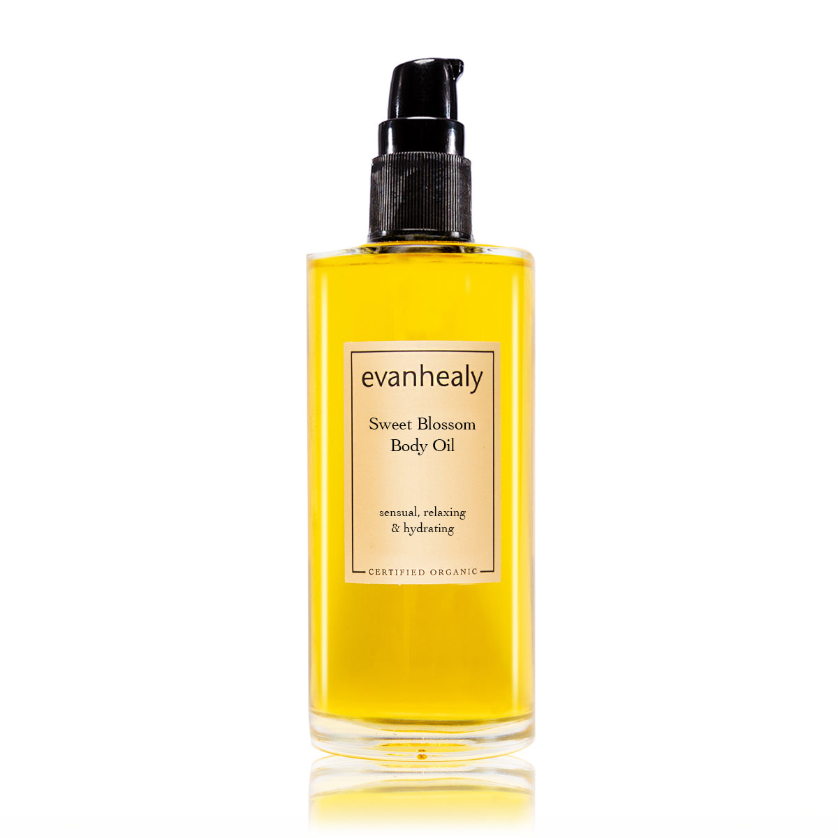 Front view of Sweet Blossom Body Oil showcasing its black pump and golden oil with a white background