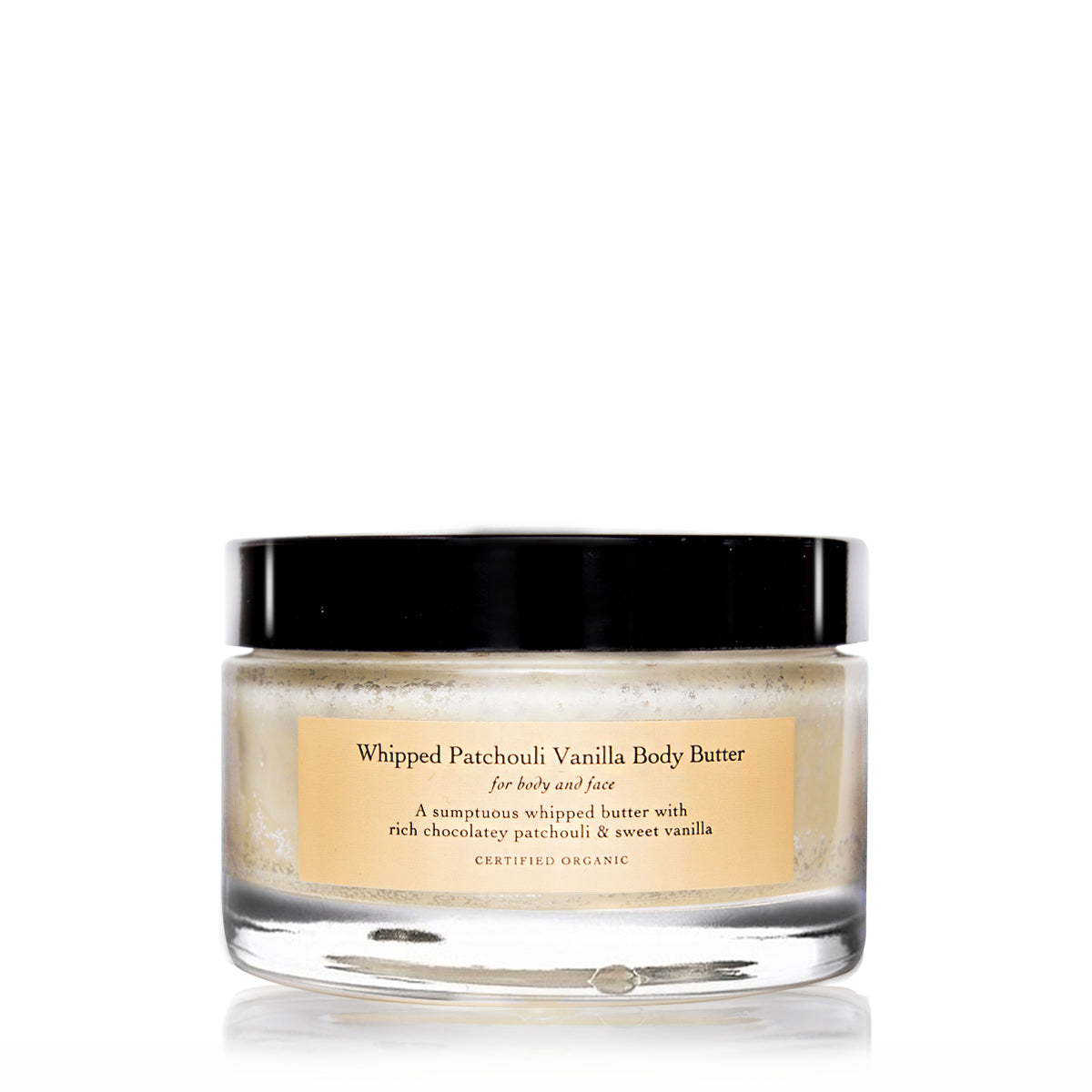 Front view of Whipped Patchouli Vanilla Body Butter in a labeled jar with a white background