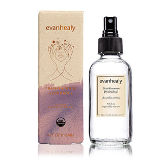 Front view of evanhealy Frankincense HydroSoul showcasing its box and spray bottle with a white background