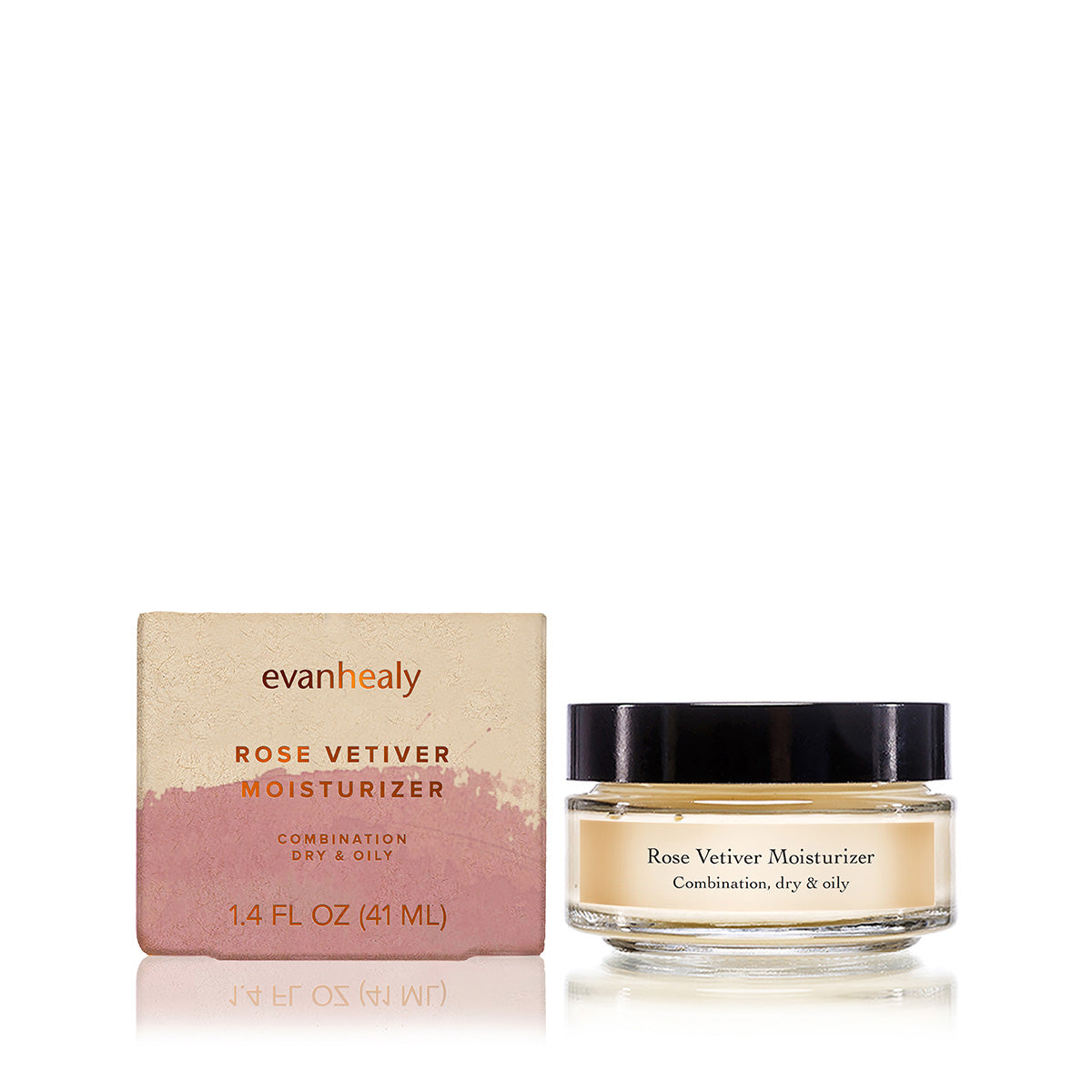 Front view of Rose Vetiver Moisturizer box and jar with dry and oily labeling and 1.4 FL OZ 41 ML size