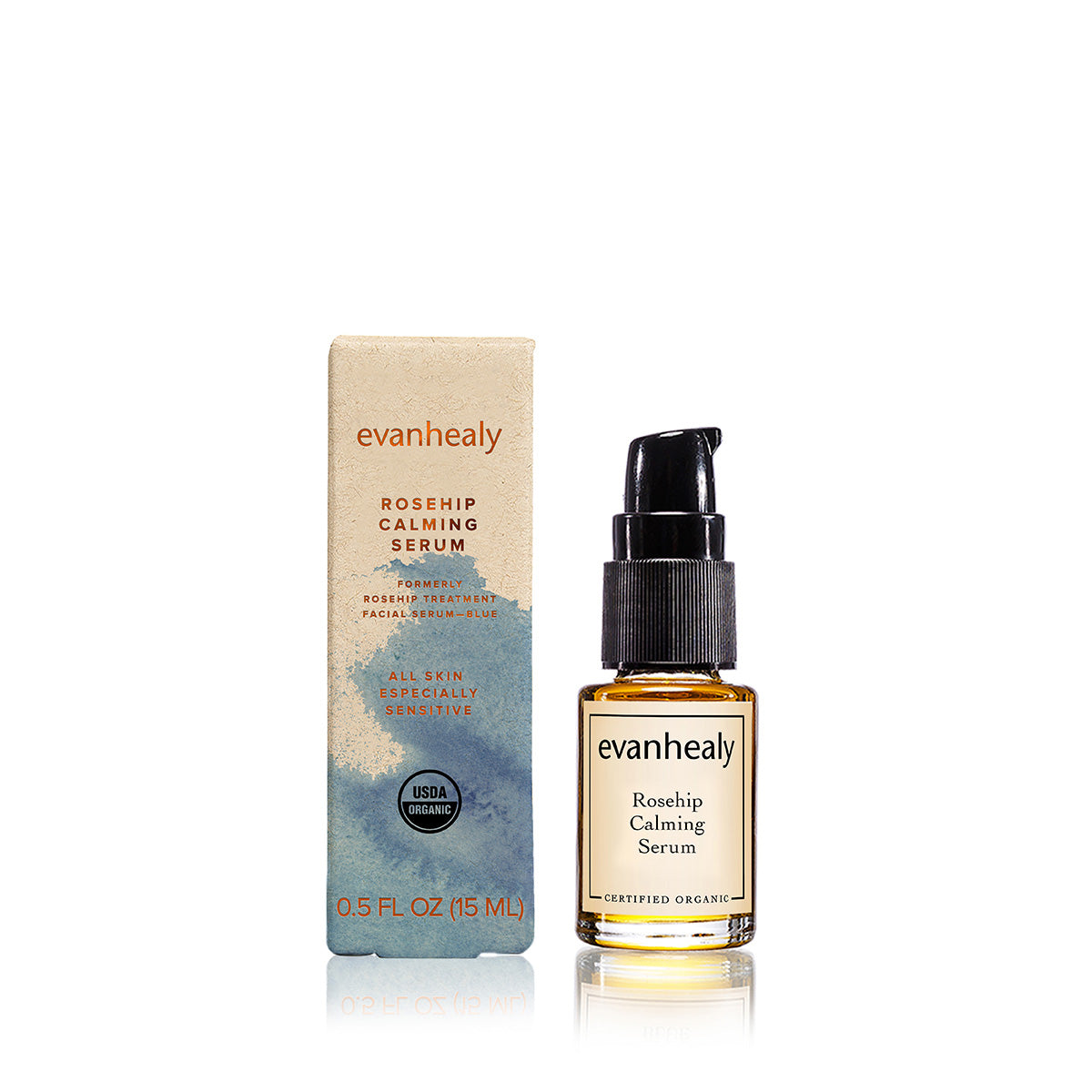 Front view of Rosehip Calming Serum showcasing USDA organic 0.5 fl oz packaging on a white background