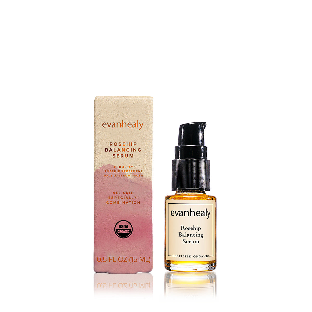 Front view of evanhealy Rosehip Balancing Serum bottle and box with certified organic labeling, 0.5 fl oz 15 ml, on white